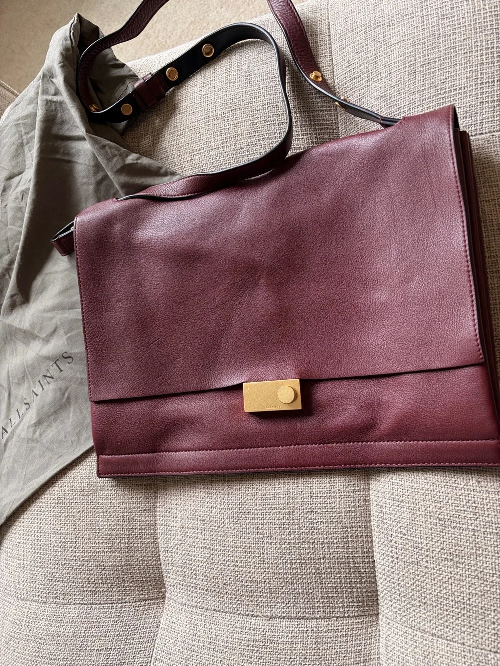 All Saints Burgundy Leather Messenger Bag with Gold Accent
